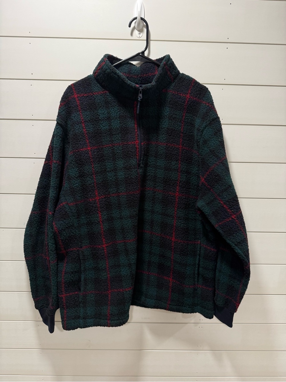 Old Navy Men's Green and Red Plaid Sherpa Zip-Up Sweater